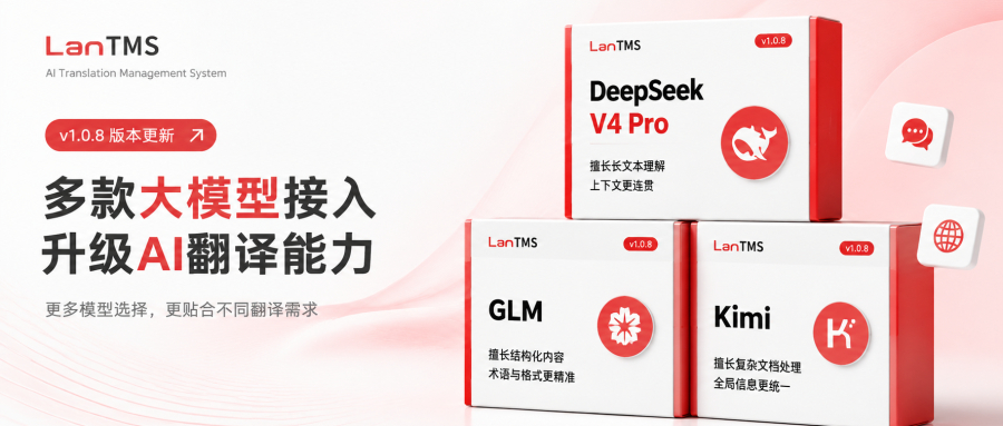 LanTMS dashboard showing multi-LLM selection interface for AI translation